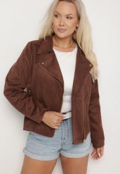 Brązowa Kurtka Ramoneska z Imitacji Zamszu z Asymetrycznym Suwakiem Maisen. Brązowe kurtki damskie Born2be, l, bez wzorów, bez kaptura. Za 139.99 zł.