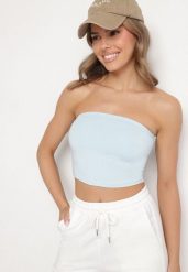 Jasnoniebieski Dopasowany Top z Gumką na Plecach Arohia. Niebieskie koszule damskie Born2be, na lato, l, bez wzorów, bez kołnierzyka, bez ramiączek. Za 54.99 zł.