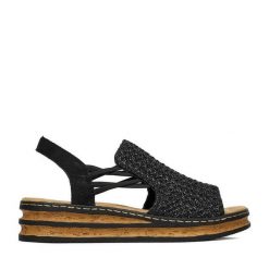 Sandały Rieker. Czarne sandały damskie Rieker, bez wzorów, bez obcasa, na koturnie, bez zapięcia. Za 319.99 zł.