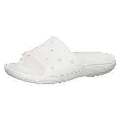 Klapki damskie Crocs Classic Slide. Białe klapki damskie Crocs, bez wzorów, z materiału, sportowe, bez obcasa. W wyprzedaży za 111.95 zł.