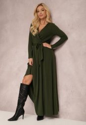 Ciemnozielona Sukienka Achina. Zielone sukienki damskie Renee, s, bez wzorów, z dzianiny, bez kołnierzyka, bez ramiączek, maxi, kopertowe. Za 179.99 zł.
