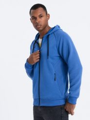 Bluza męska rozpinana z kapturem - niebieska V8 - Rozmiar: S. Niebieskie bluzy męskie Ombre Clothing, m, bez wzorów, z bawełny, z kapturem. W wyprzedaży za 59.99 zł.