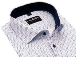 Biała elastyczna koszula męska Modini z krótkim rękawem - niebieski wzór DK14. Białe koszule męskie Modini Moda Męska, m, bez wzorów, z bawełny, casualowe, bez kołnierzyka, bez ramiączek. W wyprzedaży za 189.00 zł.