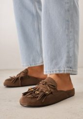 Ciemnobrązowe Klapki VICES Typu Mule z Koralikami Frędzlami i Kokardą Dioleora. Brązowe klapki damskie Born2be, z aplikacjami, eleganckie, bez obcasa, na płaskiej podeszwie. Za 119.99 zł.