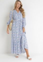 Niebieska Sukienka Maxi z Wiskozy z Gumką w Talii i Materiałowym Paskiem Edeline. Niebieskie sukienki damskie Born2be, na jesień, l, bez wzorów, z materiału, bez kołnierzyka, bez ramiączek, maxi, kopertowe. Za 139.99 zł.