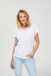 Bluzka z dekoltem w serek. Białe bluzki damskie MOODO, m, bez wzorów, z bawełny, bez kołnierzyka, bez ramiączek. W wyprzedaży za 9.99 zł.