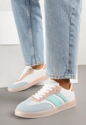 Biało-Niebieskie Sneakersy Typu Tenisówki z Ozdobnymi Paskami Amodelle. Białe trampki i tenisówki damskie Born2be, bez wzorów, z jeansu, eleganckie, bez zapięcia. Za 84.99 zł.