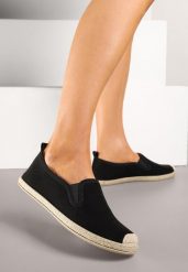 Czarne Espadryle ze Zdobieniami z Plecionki i Elastycznymi Wstawkami Nitaziela. Czarne espadryle damskie Renee, z aplikacjami, z jeansu, eleganckie, bez obcasa, bez zapięcia. Za 49.99 zł.
