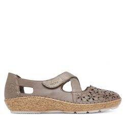 Półbuty Rieker. Szare półbuty damskie Rieker, bez wzorów, bez obcasa, na płaskiej podeszwie, bez zapięcia. Za 329.99 zł.