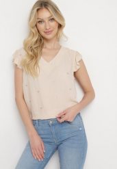 Beżowa Bluzka Top z Wiskozy bez Rękawów z Falbankami w Haftowane Serduszka Taella. Brązowe koszule damskie Born2be, l, bez wzorów, z jeansu, eleganckie, bez kołnierzyka, bez ramiączek. Za 59.99 zł.