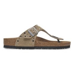 Birkenstock Gizeh Rivet LEVE Taupe Japonki damskie. Brązowe klapki damskie Birkenstock, bez wzorów, ze skóry, eleganckie, bez obcasa. Za 499.99 zł.