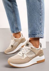 Ciemnobeżowe Sznurowane Sneakersy na Niskim Koturnie Xanthema. Brązowe obuwie sportowe damskie Born2be, bez wzorów, z denimu. Za 74.99 zł.