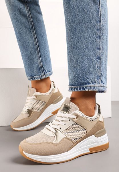 Ciemnobeżowe Sznurowane Sneakersy na Niskim Koturnie Xanthema. Brązowe obuwie sportowe damskie Born2be, bez wzorów, z denimu. Za 74.99 zł.