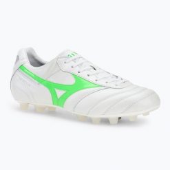 Buty piłkarskie męskie Mizuno Morelia II Japan Md white/neon green/galaxy silver. Białe buty sportowe męskie Mizuno, ze skóry, bez zapięcia, do piłki nożnej. Za 669.99 zł.