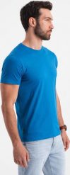 Męski klasyczny bawełniany T-shirt BASIC - niebieski V12 OM-TSBS-0146 3XL. Niebieskie t-shirty męskie Ombre, m, bez wzorów, z bawełny, klasyczne, bez kołnierzyka. Za 37.81 zł.