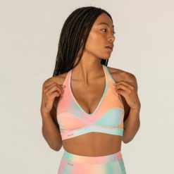 Góra kostiumu kąpielowego surfingowego damska Olaian Ana Blur. Czerwone bikini damskie OLAIAN, bez wzorów. W wyprzedaży za 69.99 zł.