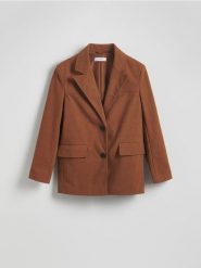 Marynarka oversize z imitacji zamszu - miedziany. Brązowe żakiety damskie Reserved, l, bez wzorów. W wyprzedaży za 99.99 zł.