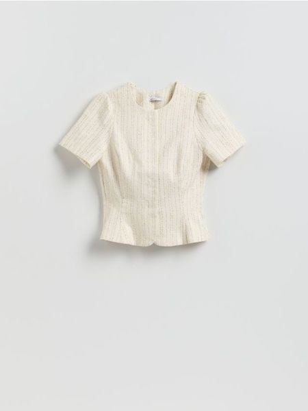 Koszula z bufkami - złamana biel. Koszule damskie Reserved, l, bez wzorów, z bawełny, bez kołnierzyka, bez ramiączek. Za 139.99 zł.