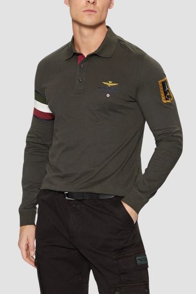 AERONAUTICA MILITARE Szarozielony męski longsleeve polo Tricolor, Rozmiar M. Zielone bluzki z długim rękawem męskie Aeronautica Militare, l, bez wzorów, z jersey, bez ramiączek. W wyprzedaży za 248.99 zł.