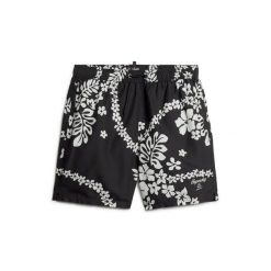 Spodenki kąpielowe z hawajskim nadrukiem Superdry. Czarne kąpielówki męskie Superdry., l, bez wzorów, z poliesteru. Za 191.75 zł.