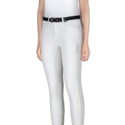 Dziewczęce spodnie do jazdy konnej Equiline z pełnym lejem. Białe spodnie sportowe dla dziewczynek EQODE BY EQUILINE, bez wzorów, do jazdy konnej. Za 629.00 zł.