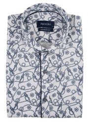 Biała Koszula Męska, Wizytowa -RIGON- Krój Prosty, Długi Rękaw, Wzór Marinistyczny, Koła Sterowe. Niebieskie koszule męskie Rigon, m, bez wzorów, z bawełny, biznesowe, bez kołnierzyka, bez ramiączek. Za 99.00 zł.
