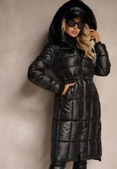 Czarna Kurtka z Pikowanymi Przeszyciami Ściągaczem w Talii i Kapturem z Odpinanym Futrem Ravalin. Czarne kurtki damskie Renee, l, bez wzorów, z jeansu. Za 289.99 zł.