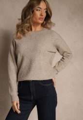 Beżowy Sweter z Tłoczonymi Sercami Unareia. Brązowe swetry damskie Renee, na jesień, l, bez wzorów, z jeansu, casualowe, bez kołnierzyka, bez ramiączek, bez kaptura. Za 79.99 zł.