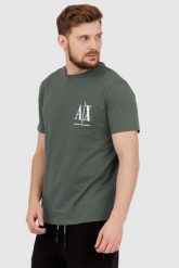 ARMANI EXCHANGE Szaro-zielony t-shirt męski z wyszywanym logo, Rozmiar S. Zielone t-shirty męskie Armani Exchange, l, bez wzorów, prążkowane, bez kołnierzyka. W wyprzedaży za 152.99 zł.