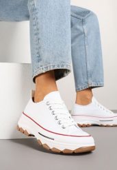 Biało-Czerwone Trampki na Platformie z Niską Cholewką Evalloria. Białe trampki i tenisówki damskie Renee, bez wzorów, z jeansu, eleganckie, przed kostkę, bez zapięcia. Za 89.99 zł.