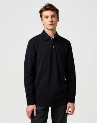 MESKA KOSZULKA WRANGLER LS POLO SHIRT BLACK 112371395. Czarne bluzki z długim rękawem męskie Wrangler, s, bez wzorów, bez kołnierzyka, bez ramiączek. Za 169.99 zł.