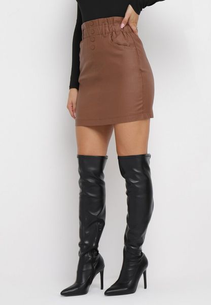 Brązowa Spódnica Mini z Marszczoną Talią z Imitacji Skóry Valma. Brązowe spódnice damskie Born2be, l, bez wzorów, ze skóry, eleganckie, mini, dopasowane. Za 79.99 zł.