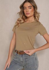 Ciemnozielony T-shirt z Bawełny z Brokatem i Cyrkoniami Ilirana. Zielone bluzki damskie Renee, m, z aplikacjami, z bawełny, eleganckie, bez kołnierzyka, bez ramiączek. Za 39.99 zł.