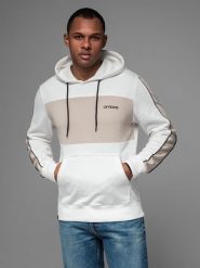 Męska bawełniana bluza z kapturem z kontrastującymi elementami - biała V1 OM-SSNZ-0225 M. Białe bluzy męskie Ombre, m, bez wzorów, z bawełny, z kapturem. Za 347.95 zł.