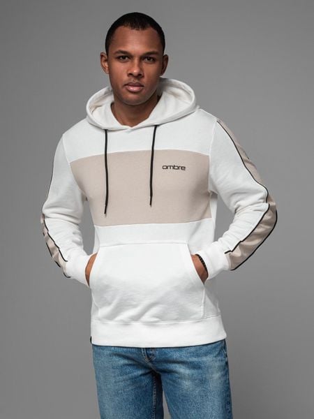 Męska bawełniana bluza z kapturem z kontrastującymi elementami - biała V1 OM-SSNZ-0225 M. Białe bluzy męskie Ombre, m, bez wzorów, z bawełny, z kapturem. Za 347.95 zł.