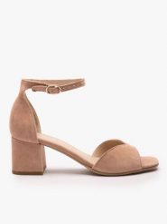 Brudnoróżowe sandały na słupku. Czerwone sandały damskie Ryłko, bez wzorów, ze skóry, bez obcasa, na obcasie, bez zapięcia. Za 399.99 zł.