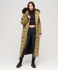Długi płaszcz z kapturem z futerka sztucznego SUPERDRY. Brązowe płaszcze damskie Superdry., bez wzorów, z bawełny, eleganckie, długie, z kapturem. Za 727.60 zł.