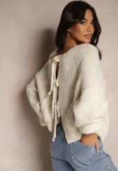 Beżowy Kardigan z Wełną o Kroju Oversize z Wiązanymi Kokardami Elearina. Brązowe kardigany damskie Renee, bez wzorów, z jeansu, eleganckie, bez kołnierzyka, bez ramiączek, bez kaptura. Za 139.99 zł.