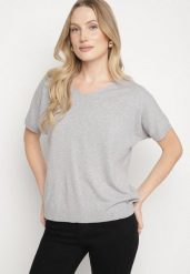 Szara Dzianinowa Bluzka z Dekoltem w Kształcie Litery V Fenima. Szare bluzki damskie Born2be, l, bez wzorów, z dzianiny, biznesowe, bez kołnierzyka, bez ramiączek. Za 49.99 zł.
