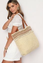 Beżowa Torebka Shopperka Wykończona Plecionką i Frędzlami w Stylu Boho Rivaniane. Brązowe torebki do ręki damskie Born2be, bez wzorów, z jeansu, biznesowe, bez dodatków. Za 69.99 zł.