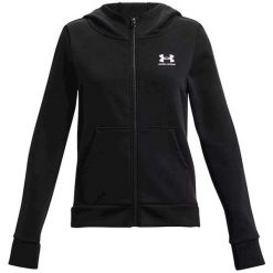 Bluza dziewczęca Under Armour Rival Fleece LU FZ Hoodie. Czarne bluzy dla dziewczynek Under Armour, bez wzorów, bez ramiączek, bez kaptura. Za 99.99 zł.