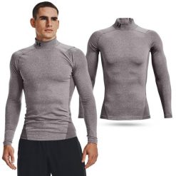 Koszulka męska termoaktywna treningowa Under Armour z długim rękawem. Szare koszulki sportowe męskie Under Armour, m, bez wzorów, bez kołnierzyka, bez ramiączek, do biegania. Za 199.99 zł.