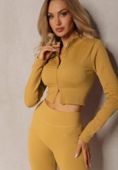 Żółta Prążkowana Bluza o Krótkim Fasonie Dwoma Suwakami Aloue. Żółte bluzy damskie Renee, bez wzorów, z materiału, bez kaptura. Za 39.99 zł.