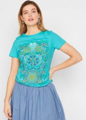 T-shirt z nadrukiem. Niebieskie t-shirty damskie bonprix, bez wzorów, bez kołnierzyka. Za 39.99 zł.