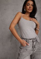 Ciemnoszary Bawełniany Top Bieliźniany z Koronką przy Dekolcie Berinda. Szare bluzki damskie Renee, m, bez wzorów, z bawełny, bez kołnierzyka, bez ramiączek. Za 39.99 zł.