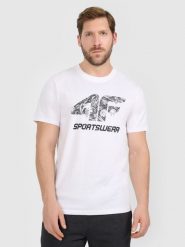 4F T-shirt regular z nadrukiem męski - biały XL. Białe t-shirty męskie 4f, m, bez wzorów, z bawełny, bez kołnierzyka. Za 79.99 zł.