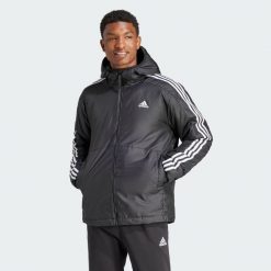 Kurtka Essentials 3-Stripes Insulated Hooded. Czarne kurtki męskie Adidas, m, bez wzorów, sportowe, bez kaptura. Za 429.00 zł.