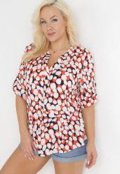 Pomarańczowo-Biała Bluzka z Trójkątnym Dekoltem w Fantazyjny Print Anola. Brązowe koszule damskie Born2be, xl, bez wzorów, biznesowe, bez kołnierzyka, bez ramiączek. Za 79.99 zł.