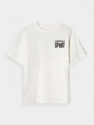 4F T-shirt regular z nadrukiem chłopięcy - biały 140 (9-10 lat). Białe t-shirty dla chłopców 4f, bez wzorów, z bawełny, bez ramiączek. W wyprzedaży za 19.99 zł.