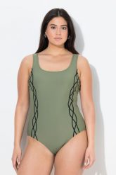 Damskie Strój kąpielowy lamówka bez miękkich miseczek okrągły dekolt. Niebieskie kostiumy jednoczęściowe damskie Ulla Popken, plus size, bez wzorów, z elastanu, sportowe, plus size, do pływania. Za 139.99 zł.